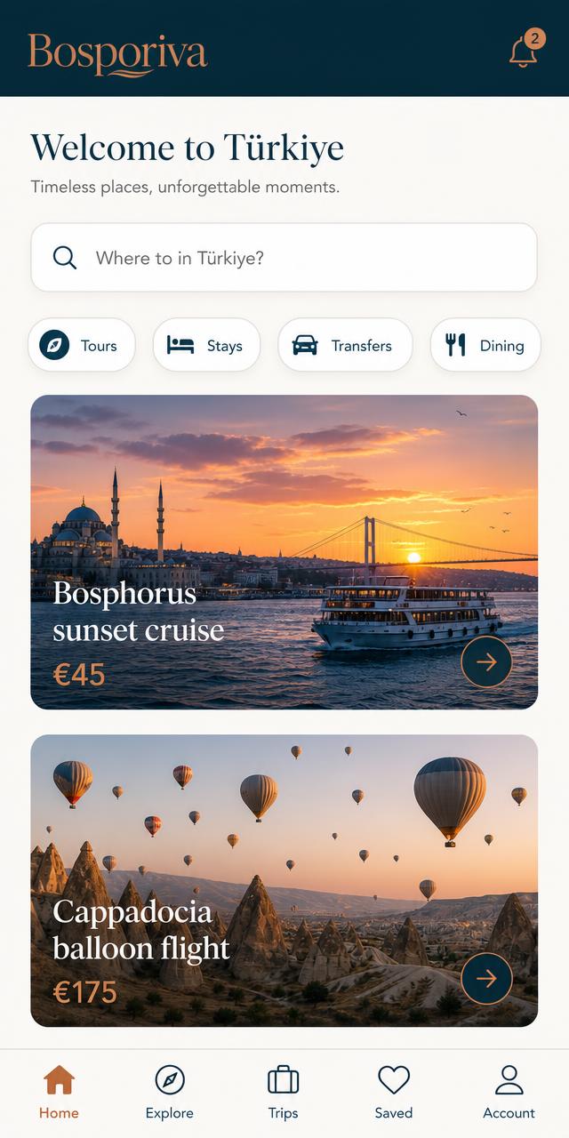 Bosporiva mobile app screenshot with native bottom tabs (EN)